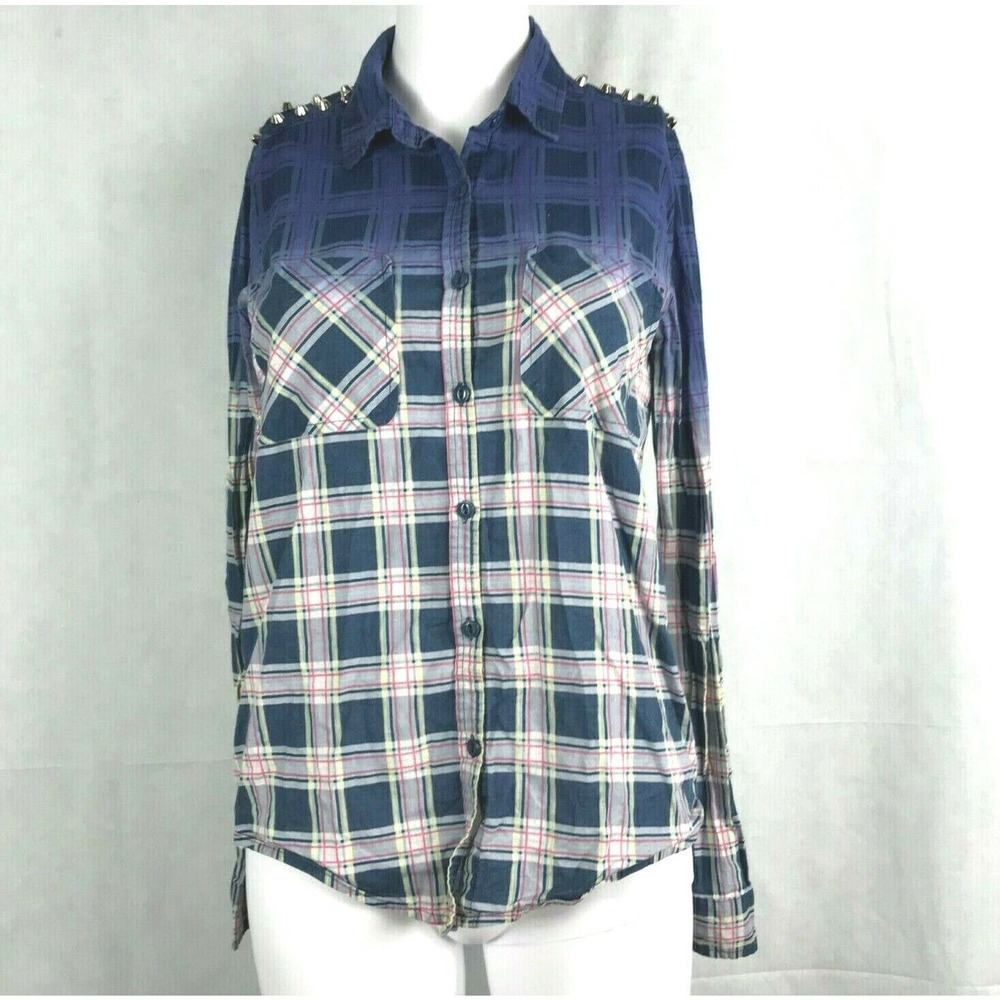 Nollie Shirt Womens Sz S Purple Plaid Studded Cotton Long Sleeve Button Down